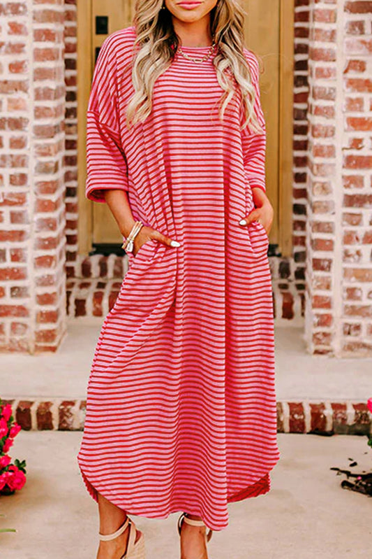 Strawberry Pink Striped 3/4 Sleeve Round Hem Shift T Shirt Dress-Dresses/T Shirt Dresses-[Adult]-[Female]-Strawberry Pink-S-2022 Online Blue Zone Planet