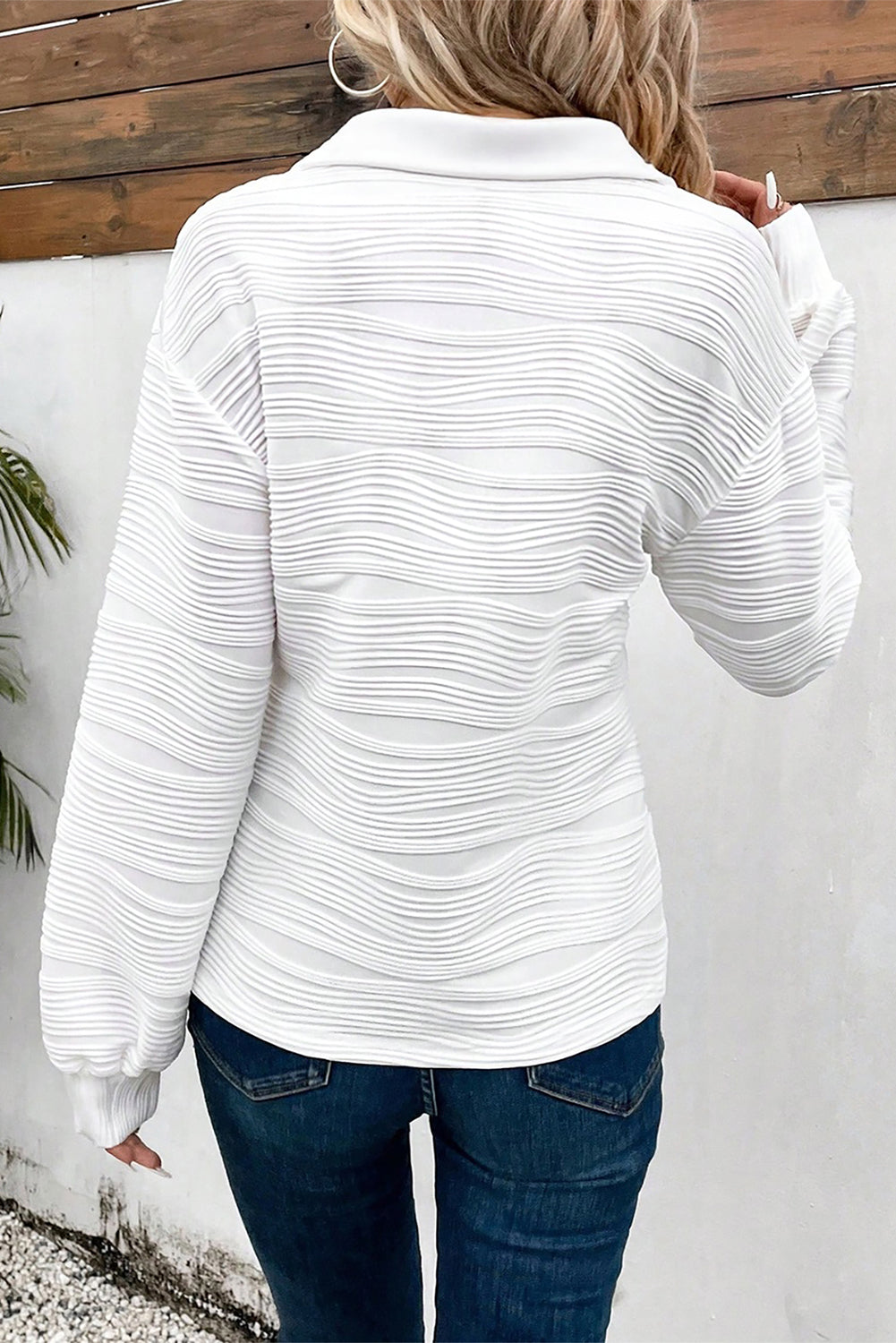 White Solid Color Textured Zip V Neck Pullover Sweatshirt-Tops/Sweatshirts & Hoodies-[Adult]-[Female]-2022 Online Blue Zone Planet