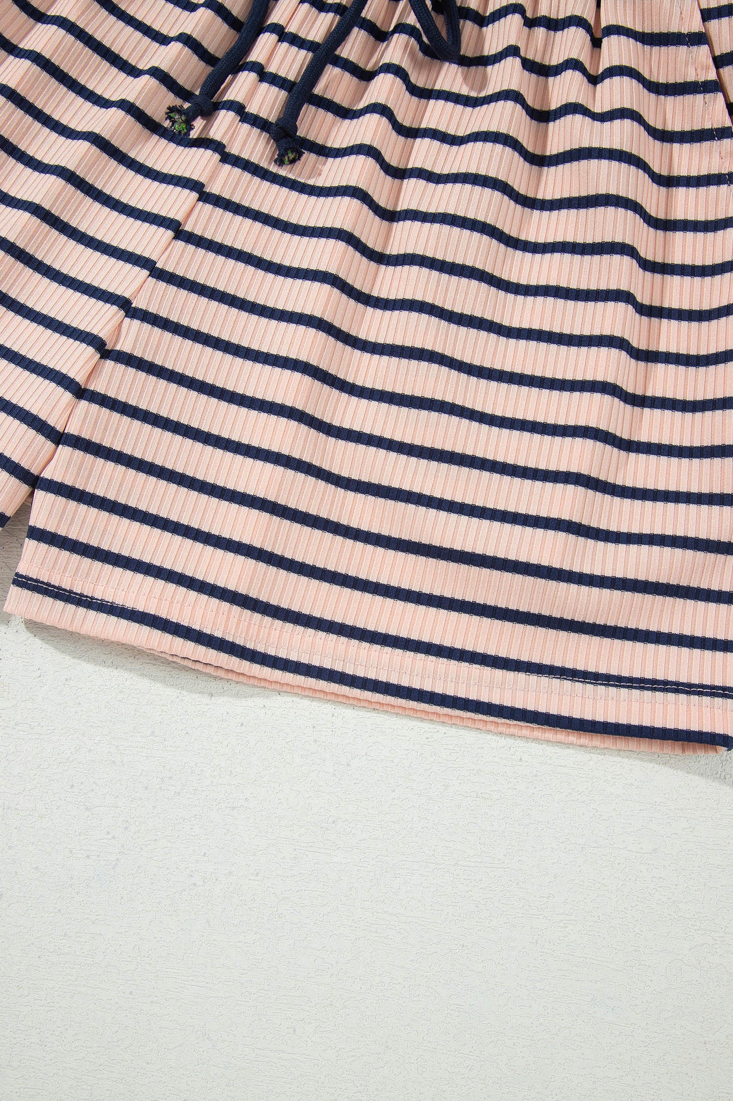 Blue Stripe Color Block Long Sleeve Pullover Ribbed Knit Casual Shorts Set-Two Piece Sets/Short Sets-[Adult]-[Female]-2022 Online Blue Zone Planet