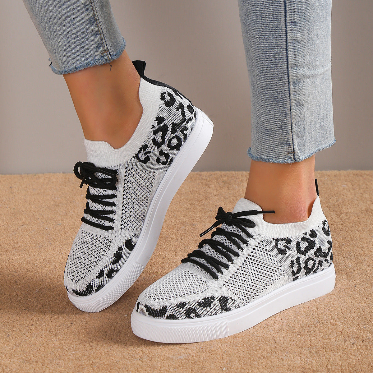 Blue Zone Planet | Lace-Up Leopard Flat Sneakers-SNEAKERS-[Adult]-[Female]-White-36(US5)-2022 Online Blue Zone Planet