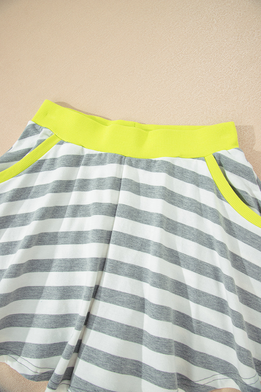 Gray Stripe Contrast Ribbed Banding Long Sleeve Blouse Loose Shorts Set-Two Piece Sets/Short Sets-[Adult]-[Female]-2022 Online Blue Zone Planet