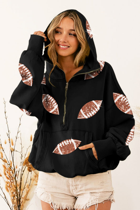 BiBi Sequin Football Half Zip Hoodie-TOPS / DRESSES-[Adult]-[Female]-Black-S-2022 Online Blue Zone Planet