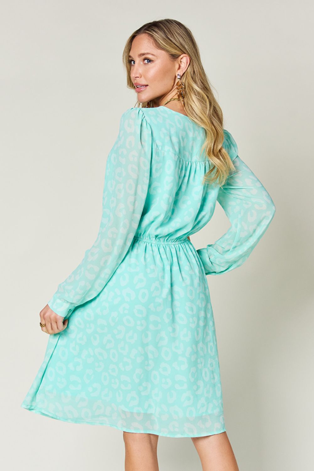 Double Take Full Size Printed Ruched V-Neck Long Sleeve Dress-TOPS / DRESSES-[Adult]-[Female]-2022 Online Blue Zone Planet