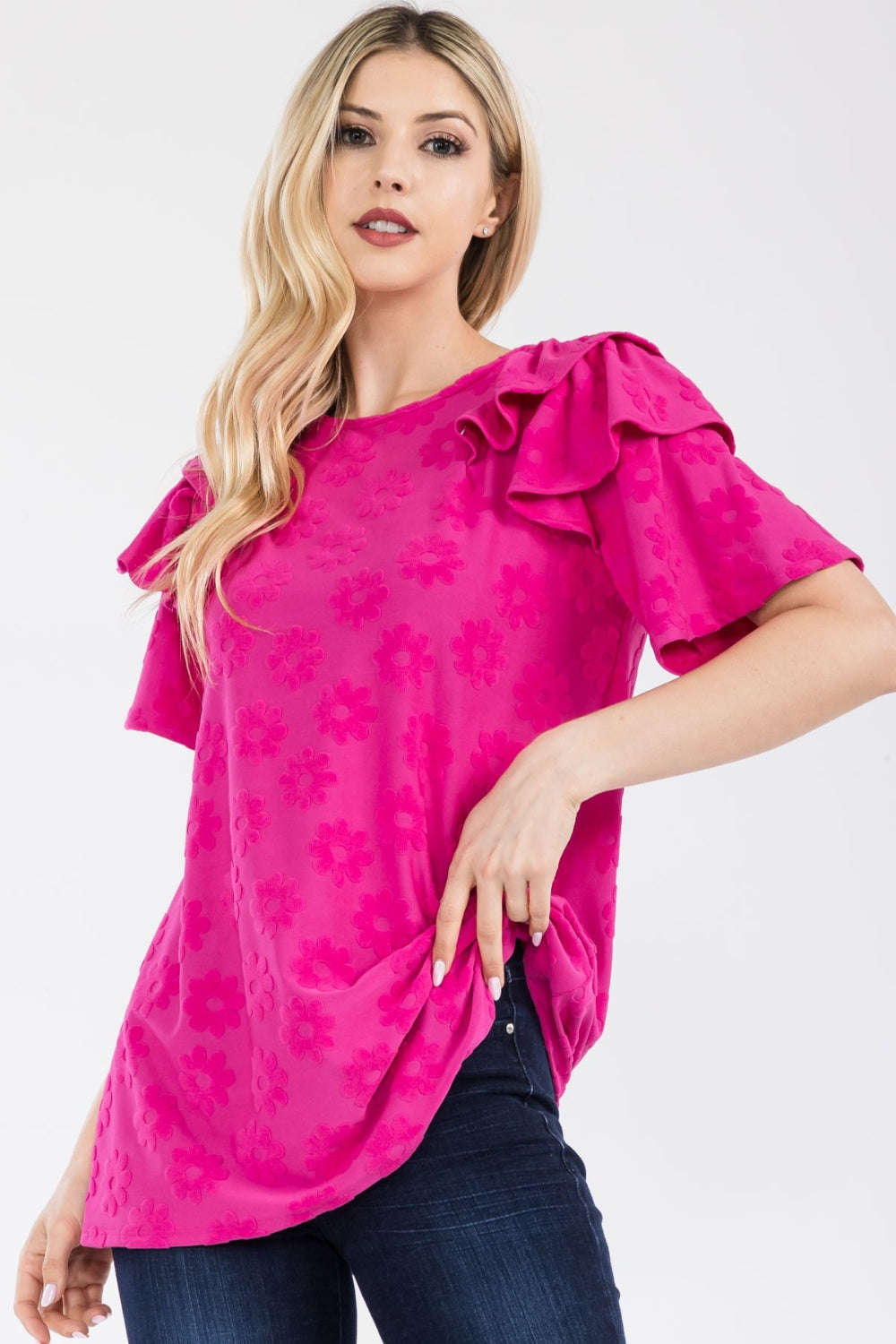 Celeste Full Size Ruffle Layered Short Sleeve Daisy Floral Top-TOPS / DRESSES-[Adult]-[Female]-2022 Online Blue Zone Planet