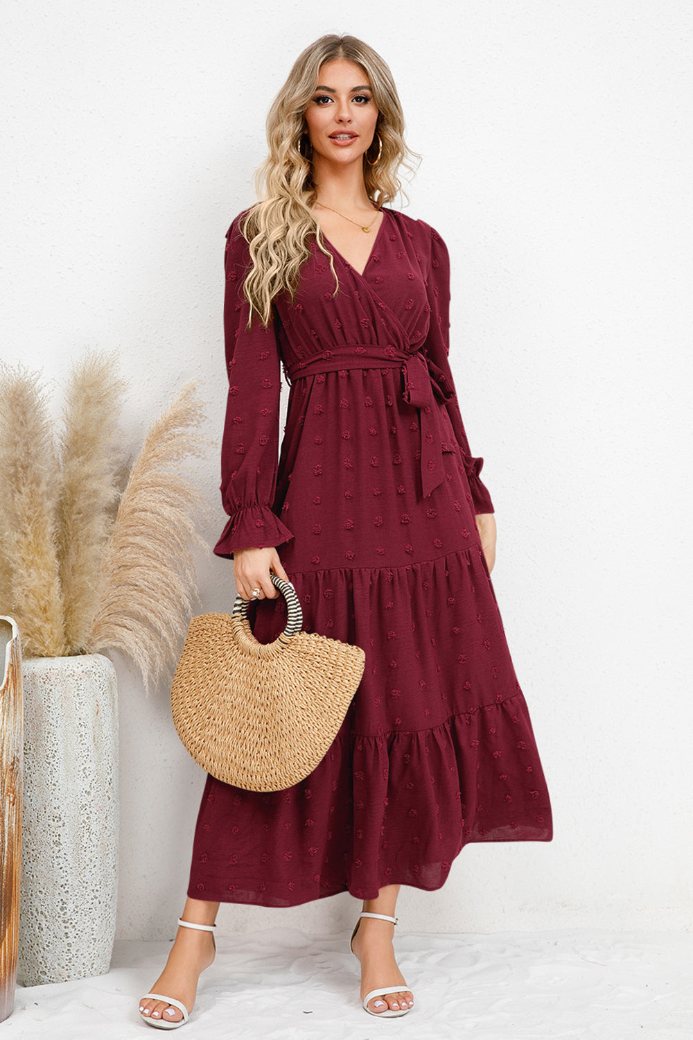 burgundy swiss dot dress Burgundy Swiss Dot Crochet Lace Accent Maternity Maxi Dress