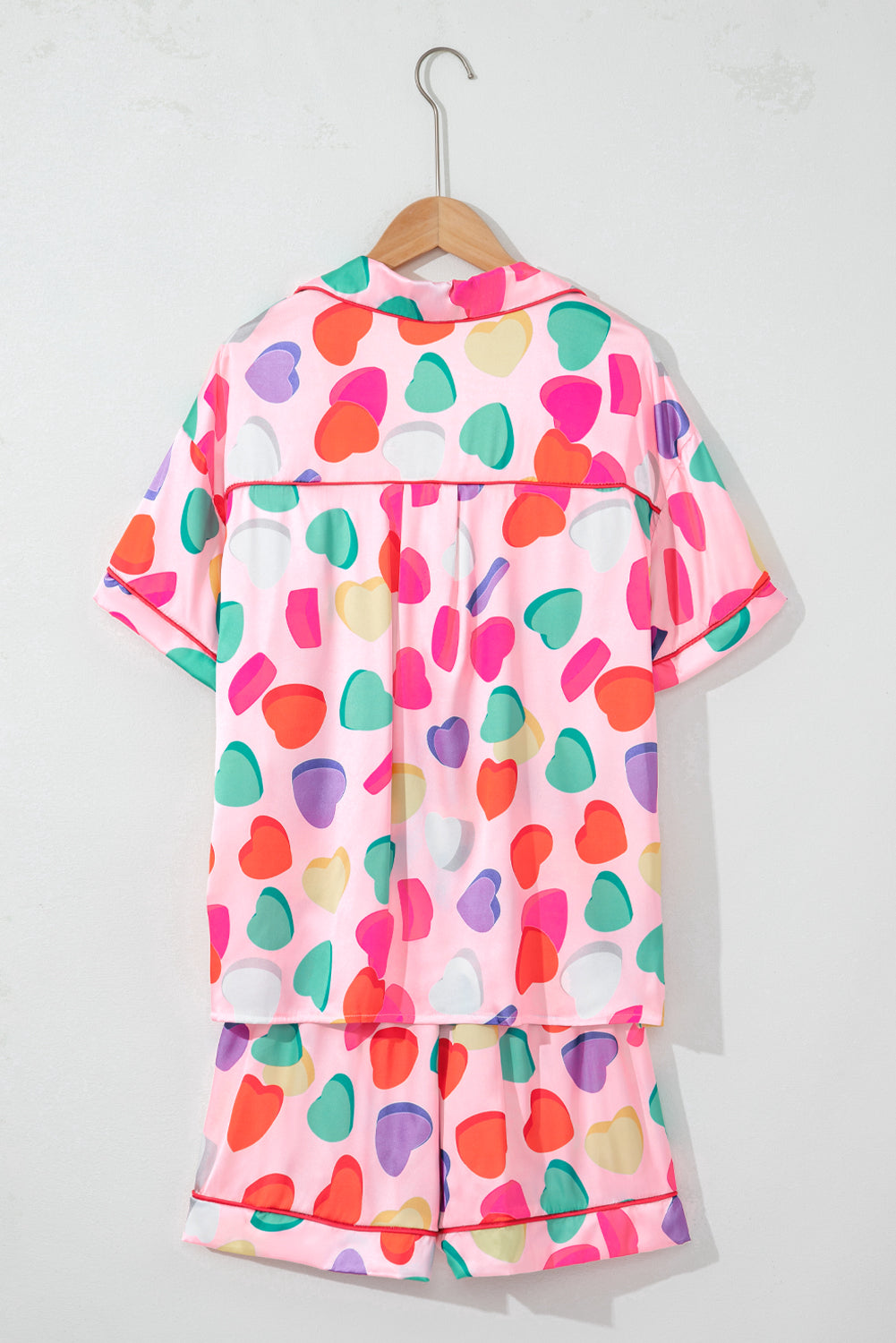 Pink Full Heart Pattern Shirt and Shorts Satin Pajama Set-Loungewear Set-[Adult]-[Female]-2022 Online Blue Zone Planet