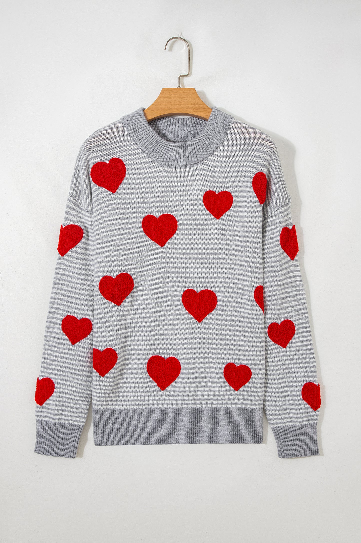 Gray Stripe Contrast Heart Pattern Valentine Knit Sweater-TOPS / DRESSES-[Adult]-[Female]-2022 Online Blue Zone Planet