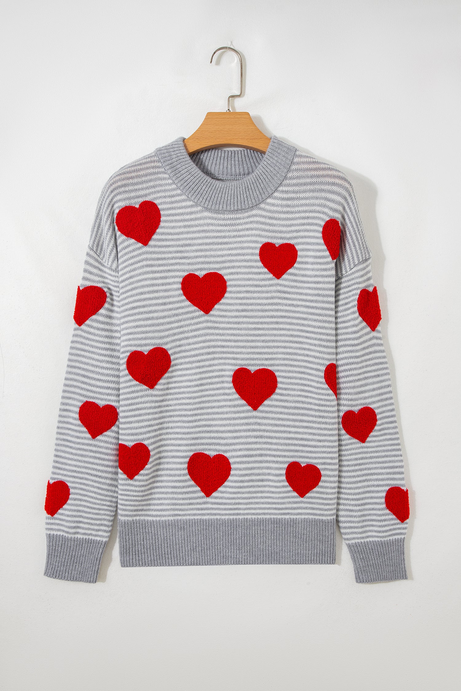 Gray Stripe Contrast Heart Pattern Valentine Knit Sweater-TOPS / DRESSES-[Adult]-[Female]-2022 Online Blue Zone Planet