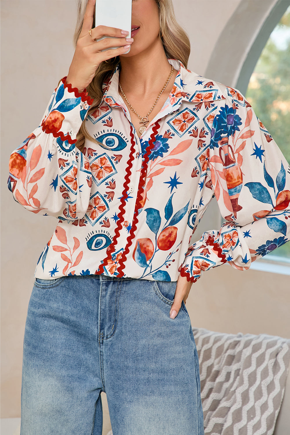 Multicolour Ethnic Floral Print Ricrac Button Down Shirt-Long Sleeve Tops-[Adult]-[Female]-Multicolour-S-2022 Online Blue Zone Planet