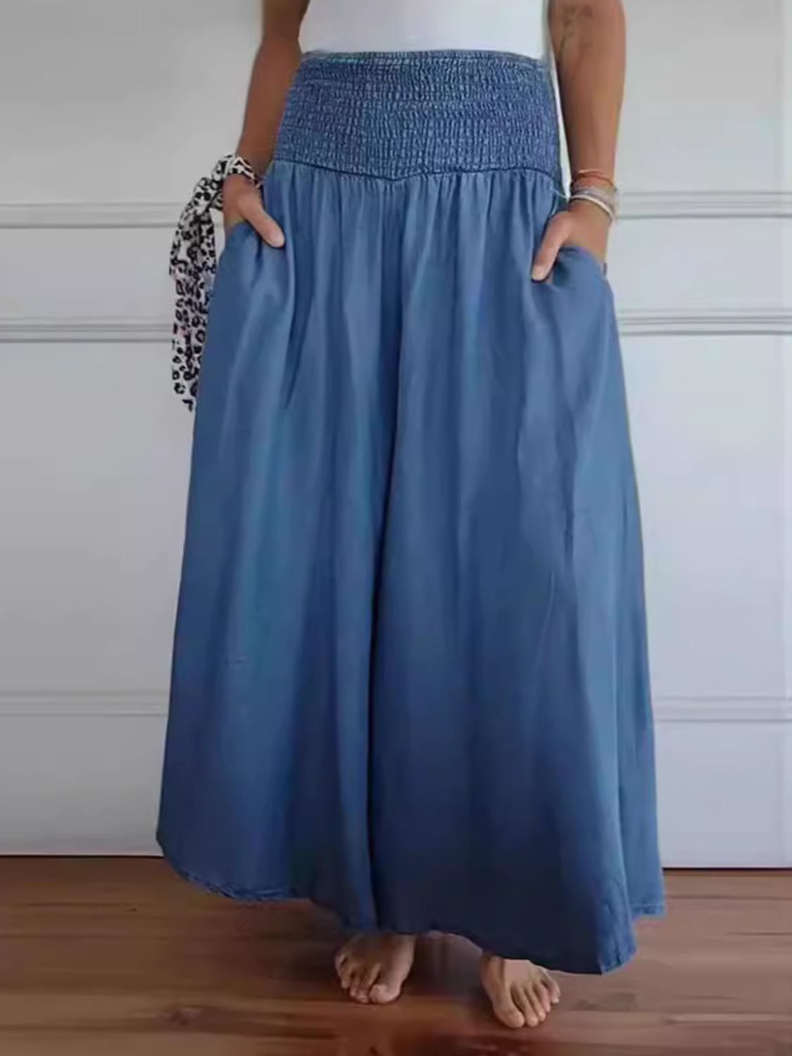 Full Size Smocked Wide Leg Pants with Pockets-BOTTOMS SIZES SMALL MEDIUM LARGE-[Adult]-[Female]-Dusty Blue-S-2022 Online Blue Zone Planet