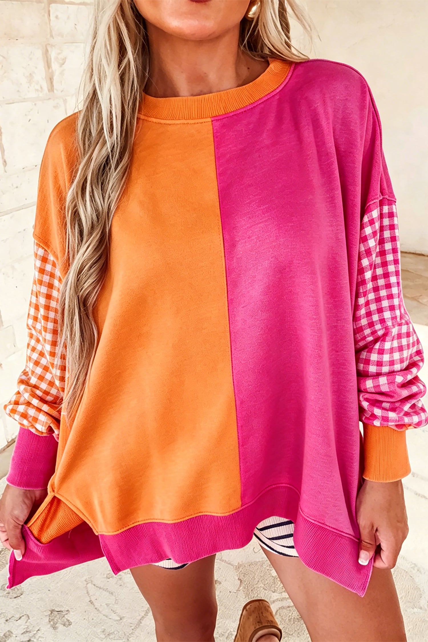 Rose Red Colorblock Gingham Sleeve Crewneck Sweatshirt-Tops/Sweatshirts & Hoodies-[Adult]-[Female]-2022 Online Blue Zone Planet