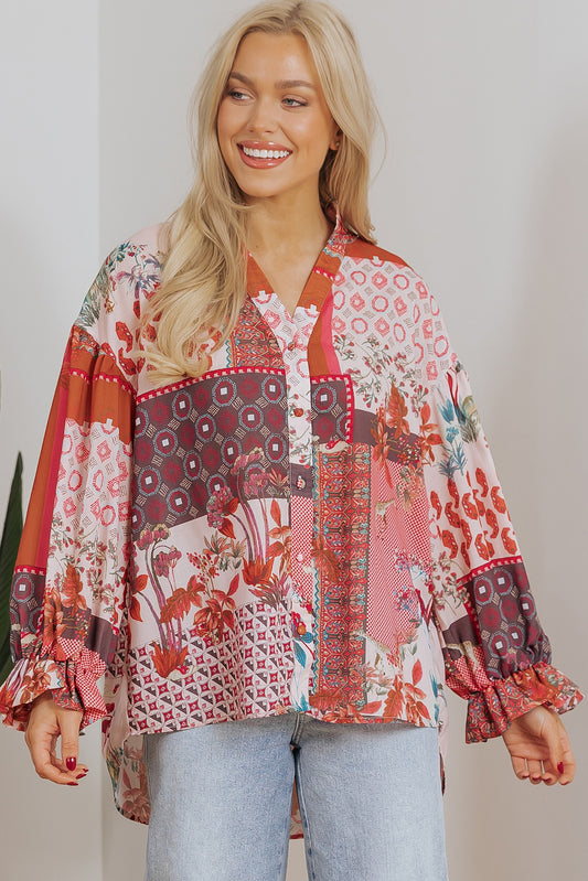 Blue Zone Planet | Red Boho Geometric Mixed Print Patchwork Bubble Sleeve Shirt-Tops/Blouses & Shirts-[Adult]-[Female]-Red-S-2022 Online Blue Zone Planet