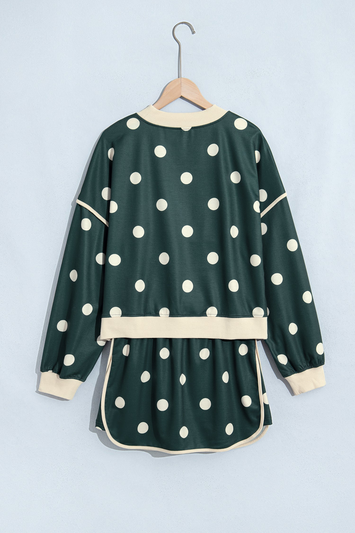 Green Polka Dot Print Color Block Trim Baggy Pullover Drawstring Skirt 2pcs Set-Two Piece Sets/Two Piece Dresses-[Adult]-[Female]-2022 Online Blue Zone Planet