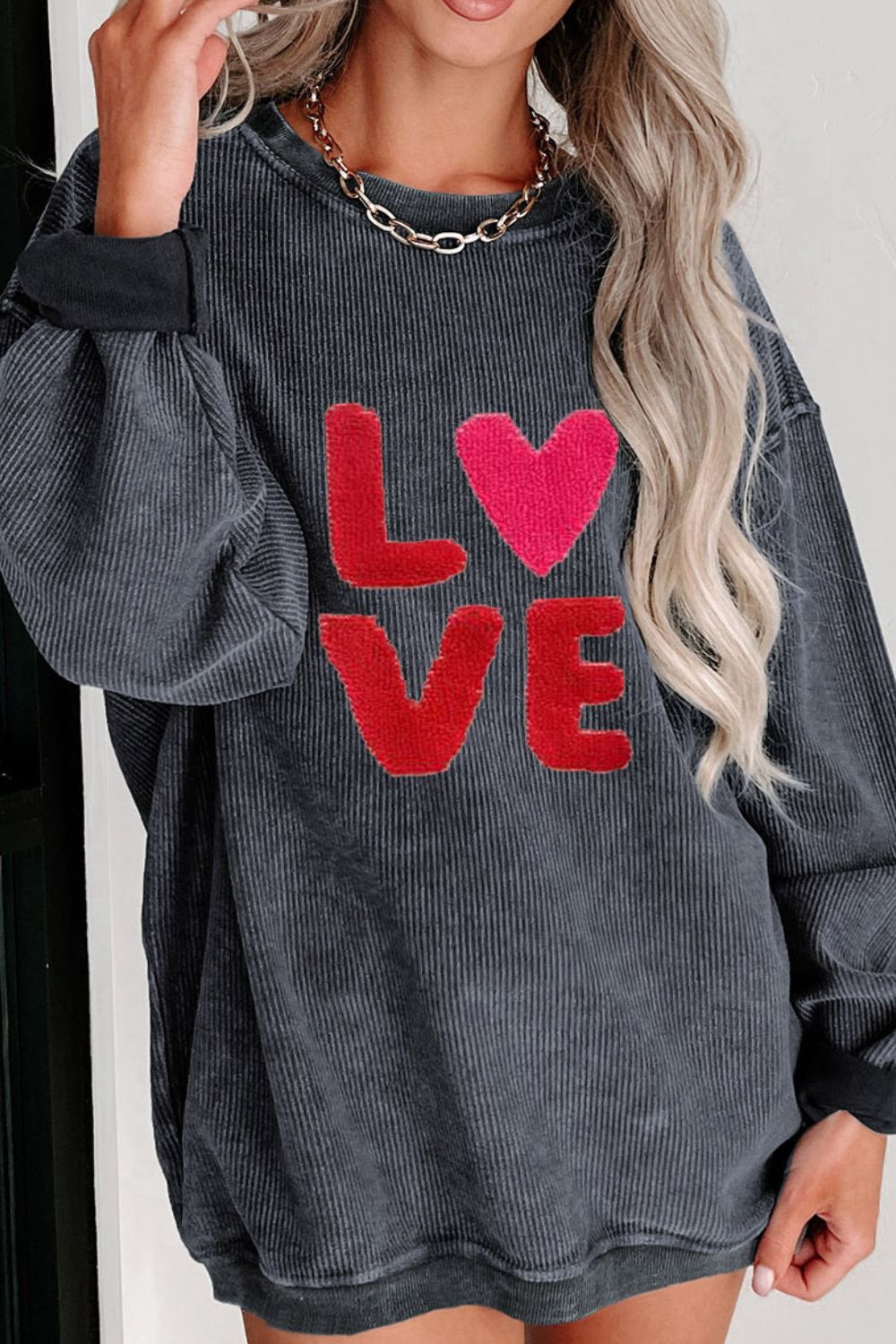 Blue Zone Planet | Valentine’s Day LOVE Round Neck Long Sleeve Sweatshirt-TOPS / DRESSES-[Adult]-[Female]-2022 Online Blue Zone Planet