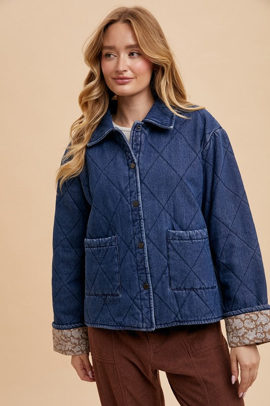 Annie Wear Quilted Printed Lining Snap Down Denim Jacket-TOPS / DRESSES-[Adult]-[Female]-Dark Blue-S-2022 Online Blue Zone Planet