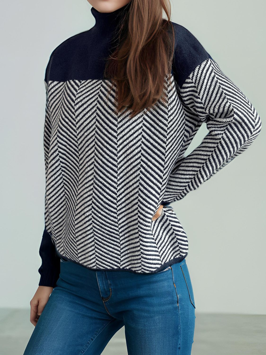 Contrast Turtleneck Long Sleeve Sweater-TOPS / DRESSES-[Adult]-[Female]-2022 Online Blue Zone Planet