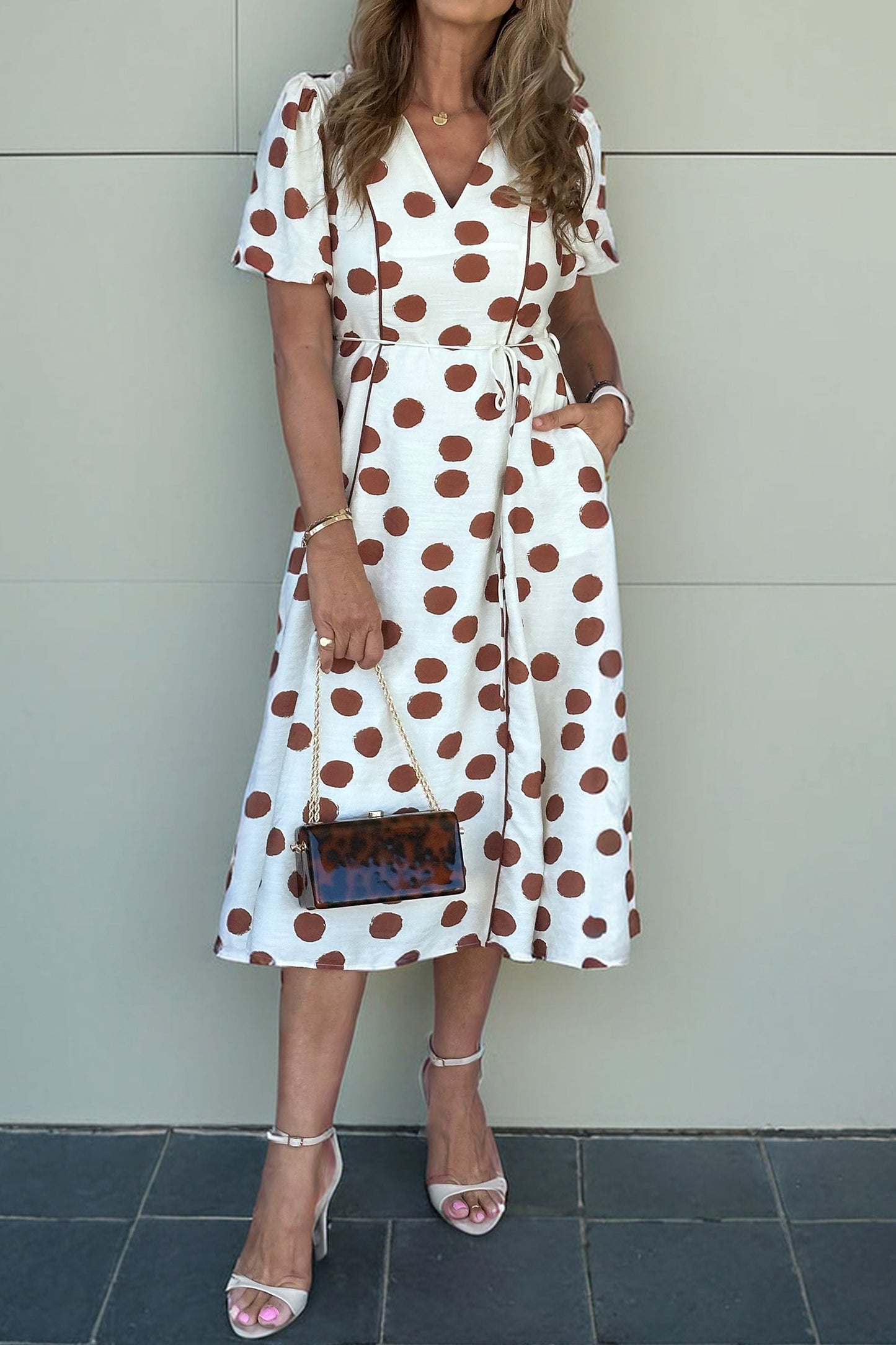 White Polka Dot Printed V Neck Short Sleeve Tie Waist Midi Dress-Dresses/Midi Dresses-[Adult]-[Female]-White-S-2022 Online Blue Zone Planet