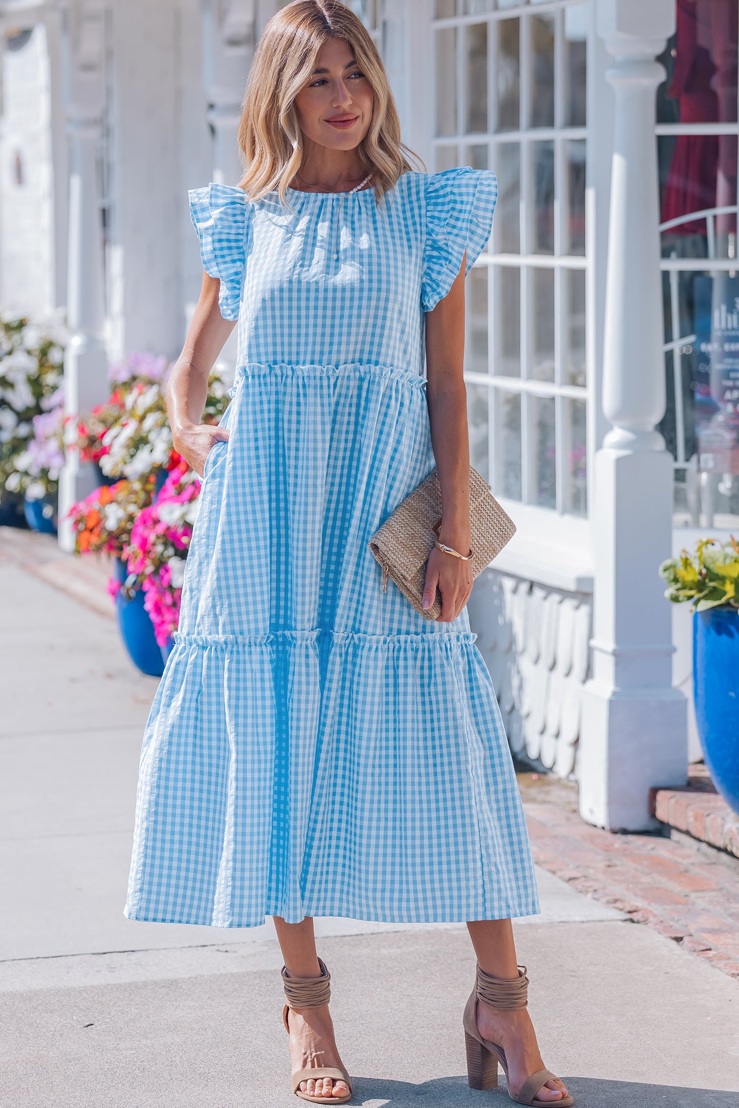 Sky Blue Knot Back Ruffled Short Sleeve Gingham Maxi Dress-TOPS / DRESSES-[Adult]-[Female]-2022 Online Blue Zone Planet
