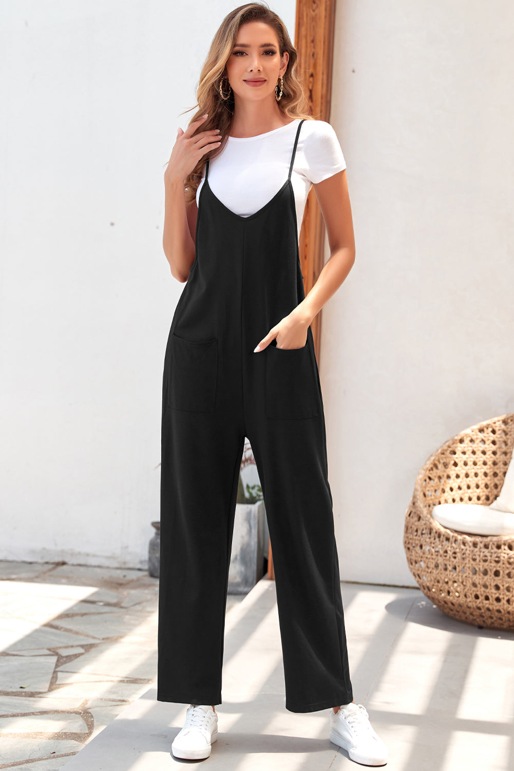 Rose Red Black Pocketed Adjustable Spaghetti Strap Straight Leg Jumpsuit Blue Zone Planet