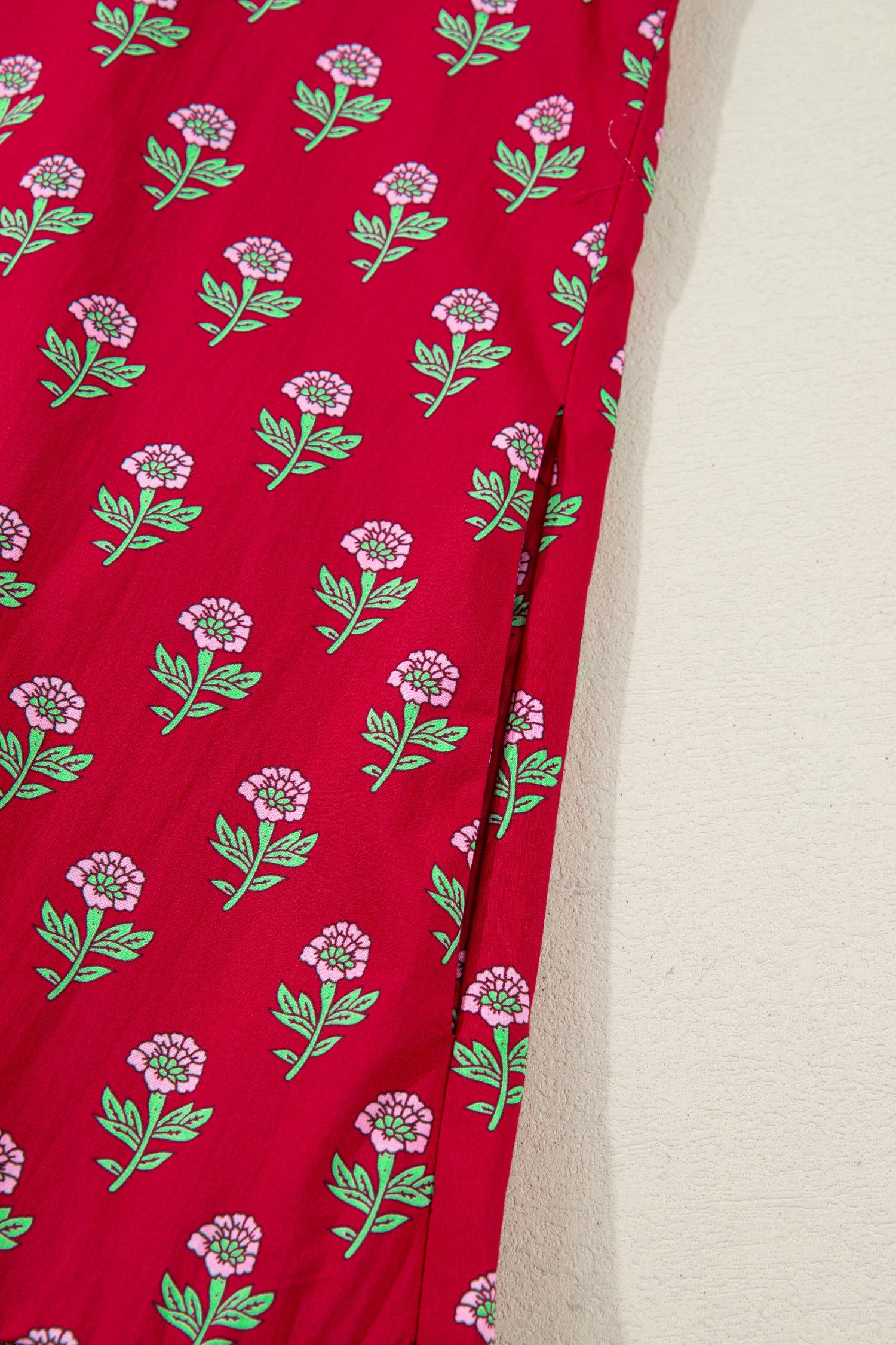 Red Floral Print Contrasted V Neck Short Bubble Sleeve Mini Dress-TOPS / DRESSES-[Adult]-[Female]-2022 Online Blue Zone Planet