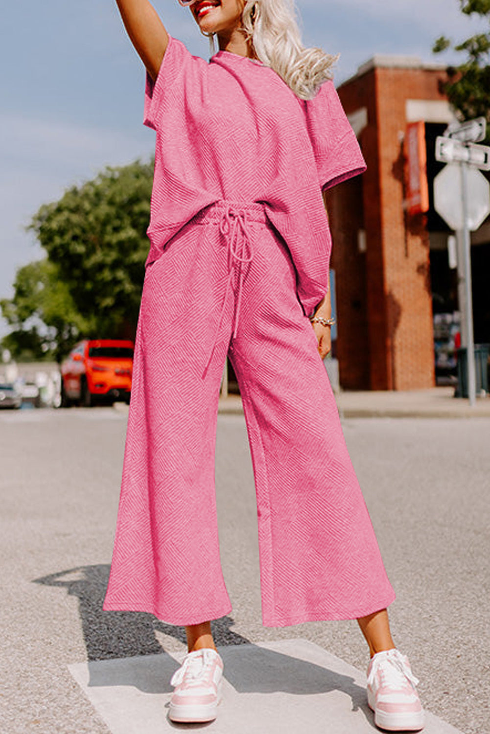 Red Dahlia Textured Loose Fit T Shirt and Drawstring Pants Set-Two Piece Sets/Pant Sets-[Adult]-[Female]-Strawberry Pink-S-2022 Online Blue Zone Planet