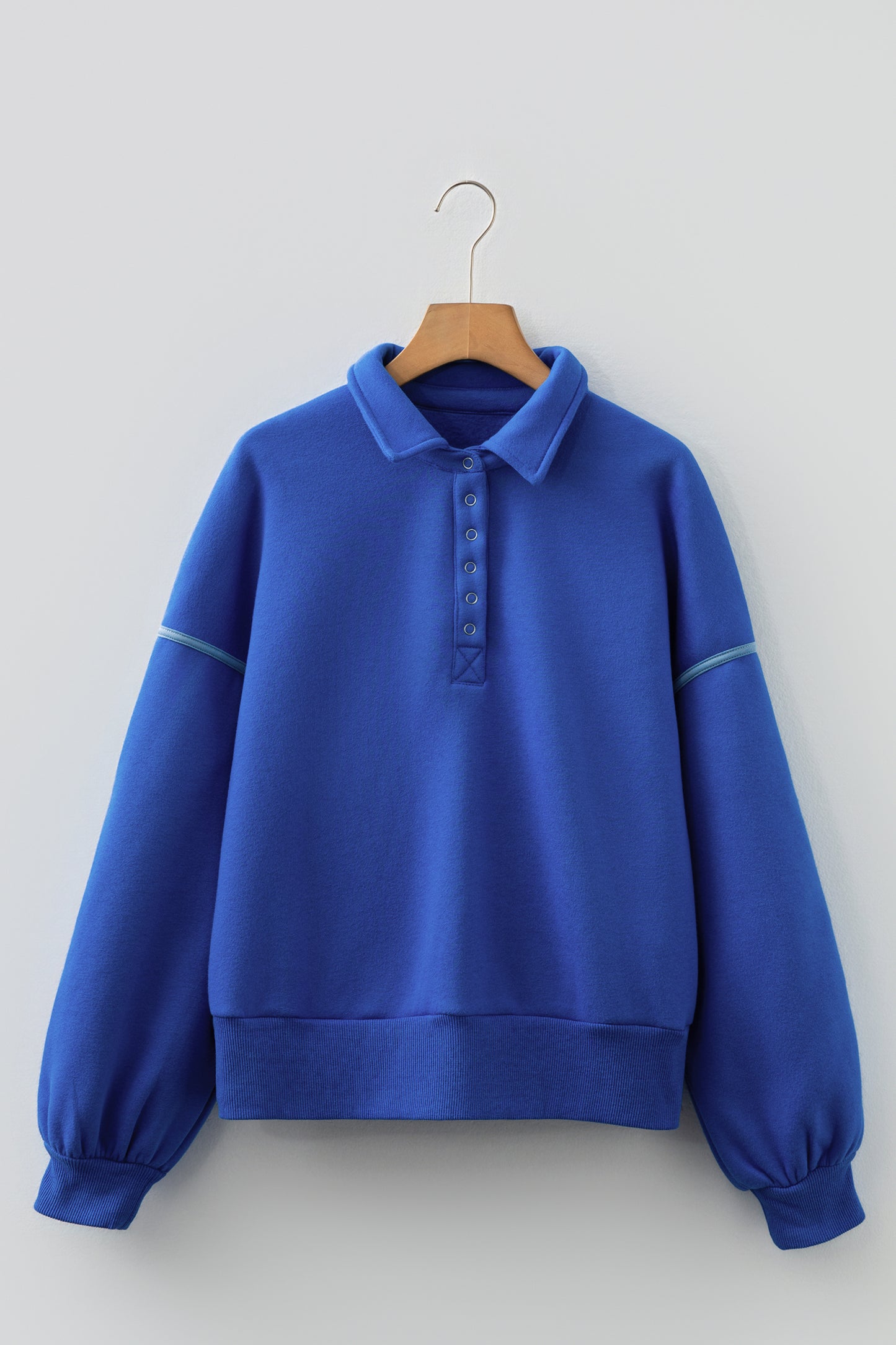 Sky Blue Button up Collared Exposed Seam Chic Sweatshirt-Tops/Sweatshirts & Hoodies-[Adult]-[Female]-2022 Online Blue Zone Planet
