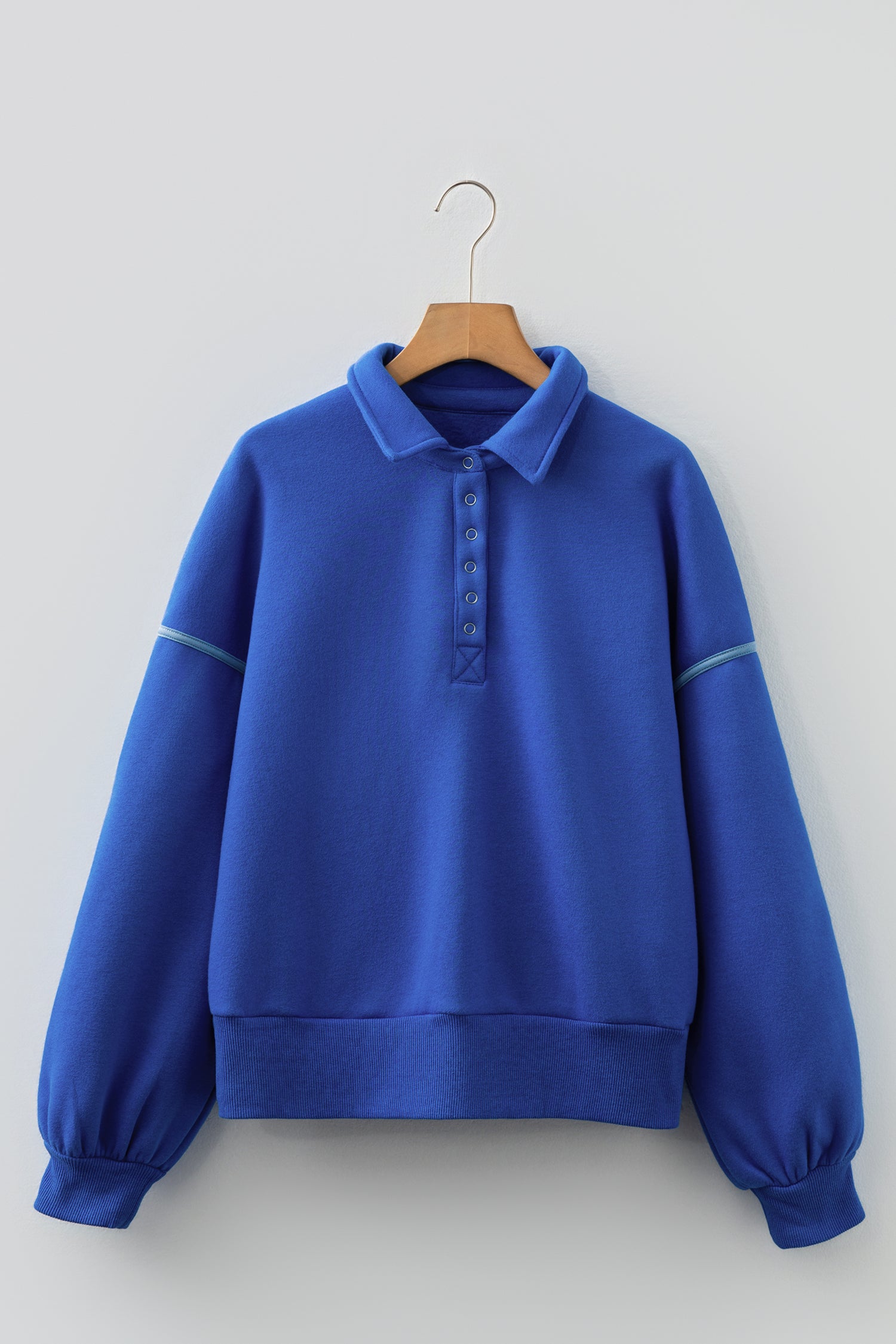 Sky Blue Button up Collared Exposed Seam Chic Sweatshirt-Tops/Sweatshirts & Hoodies-[Adult]-[Female]-2022 Online Blue Zone Planet