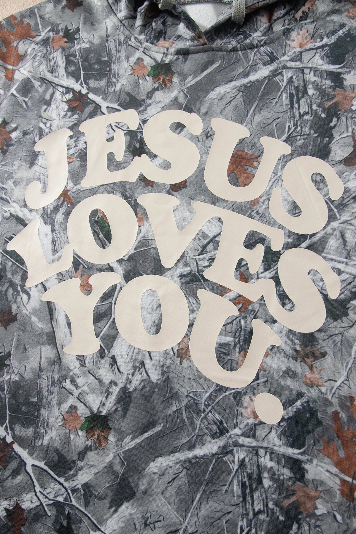 Beige Woodland Camouflage Print JESUS LOVES YOU Tunic Hoodie-Tops / Dresses-[Adult]-[Female]-2022 Online Blue Zone Planet
