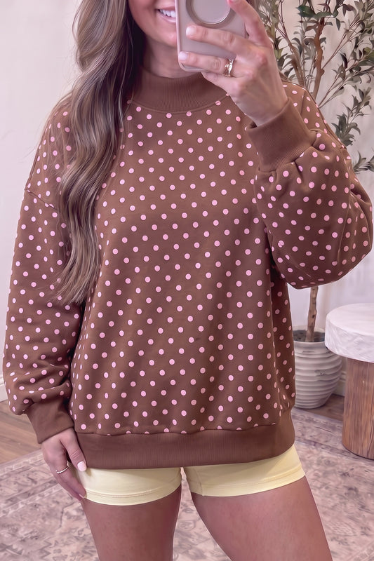Brown Casual Polka Dot Mock Neck Sweatshirt-Tops/Sweatshirts & Hoodies-[Adult]-[Female]-Brown-S-2022 Online Blue Zone Planet