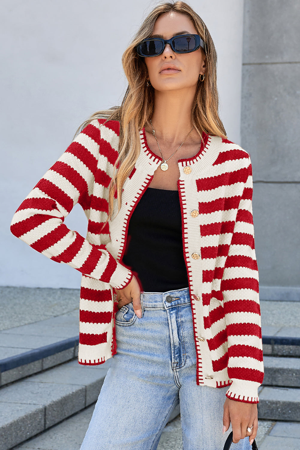 Red Stripe Chic Golden Button Cardigan Sweater-TOPS / DRESSES-[Adult]-[Female]-2022 Online Blue Zone Planet