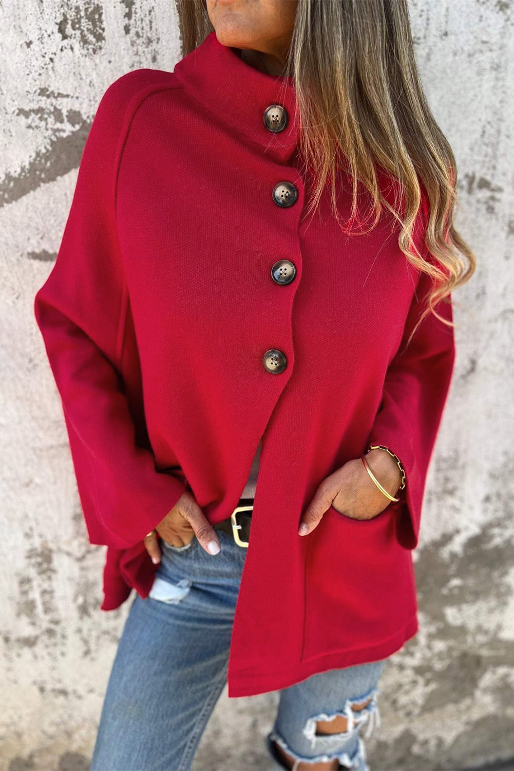Fiery Red Collared Button Front Wrapped Cardigan Jacket-Sweaters & Cardigans/Cardigans-[Adult]-[Female]-Fiery Red-S-2022 Online Blue Zone Planet