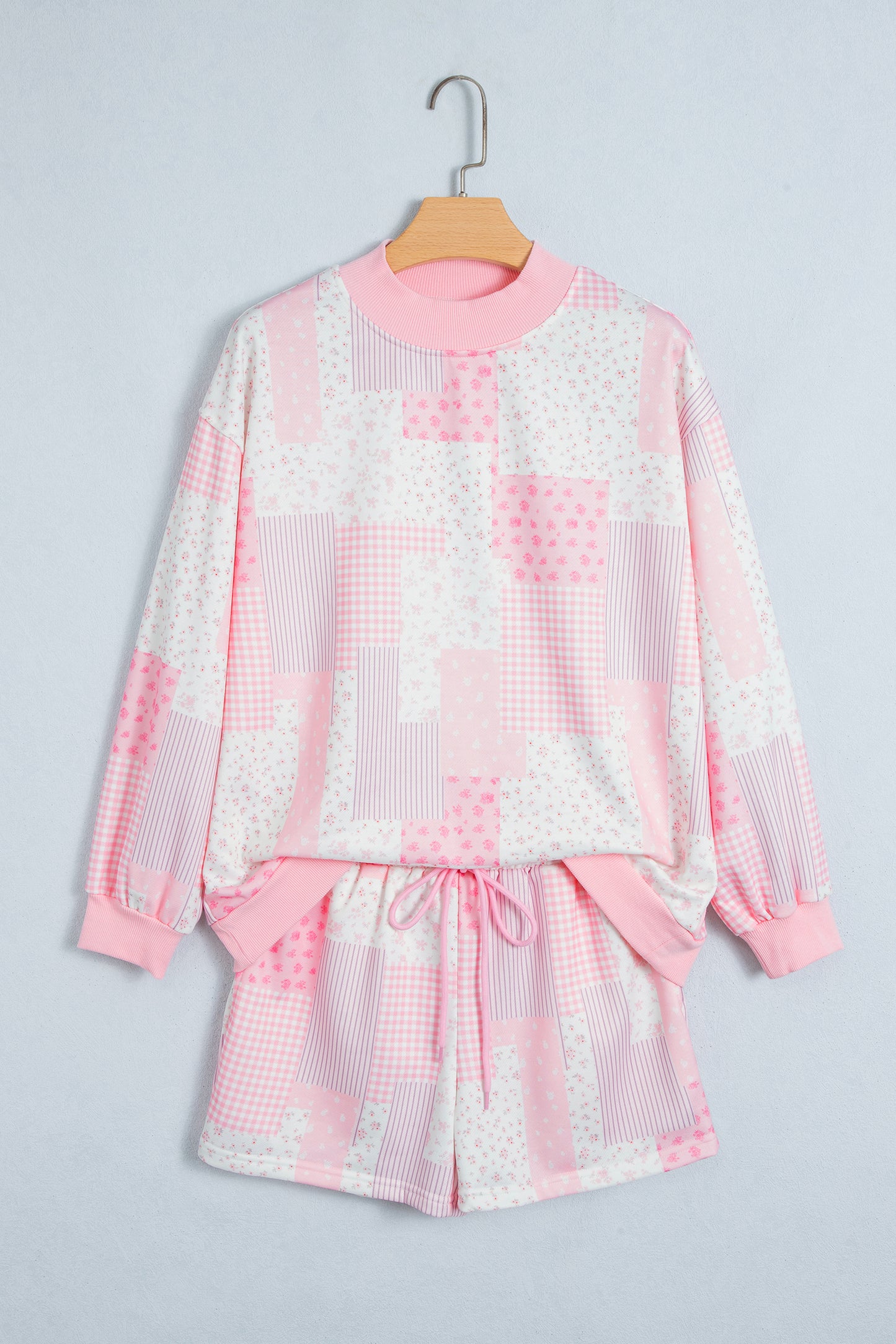 Light Pink Patchwork Floral Print Drop Shoulder Baggy Pullover Drawstring Shorts Set-Two Piece Sets/Short Sets-[Adult]-[Female]-2022 Online Blue Zone Planet