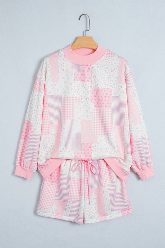Light Pink Patchwork Floral Print Drop Shoulder Baggy Pullover Drawstring Shorts Set-Two Piece Sets/Short Sets-[Adult]-[Female]-2022 Online Blue Zone Planet
