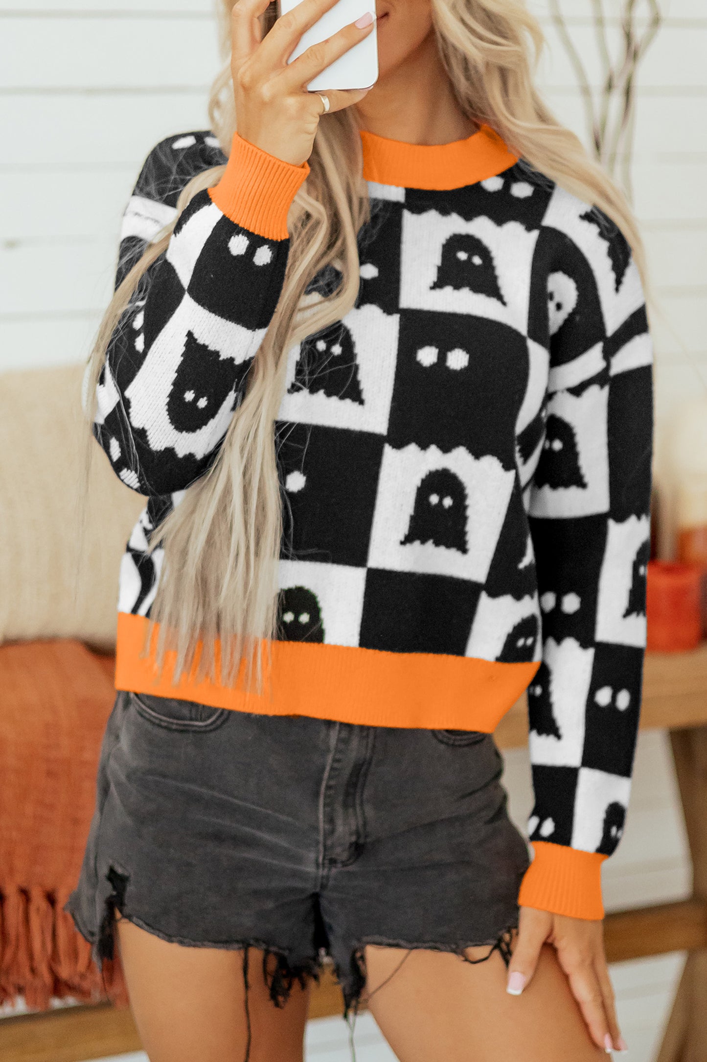 Black High Neck Drop Shoulder Geometric Print Sweater-Sweaters & Cardigans/Sweaters-[Adult]-[Female]-2022 Online Blue Zone Planet