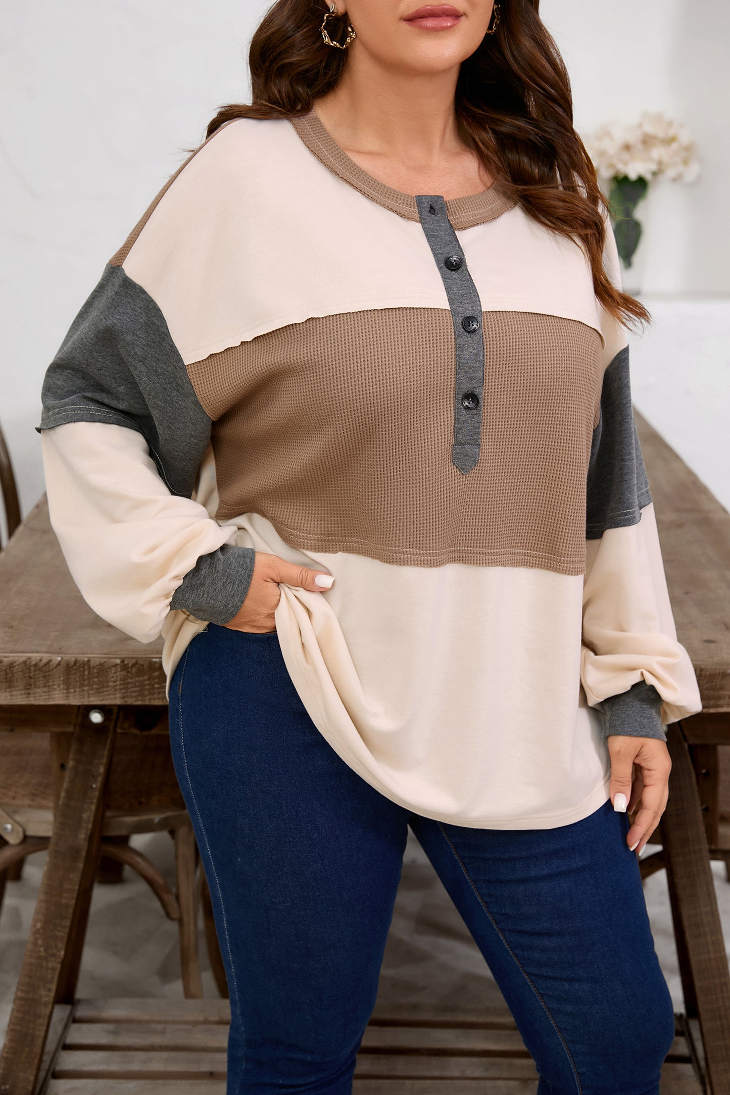 Jet Stream Waffle Patchwork Colorblock Half Buttons Casual Plus Size Knit Jumper-Plus Size/Plus Size Tops/Plus Size Long Sleeve Tops-[Adult]-[Female]-2022 Online Blue Zone Planet