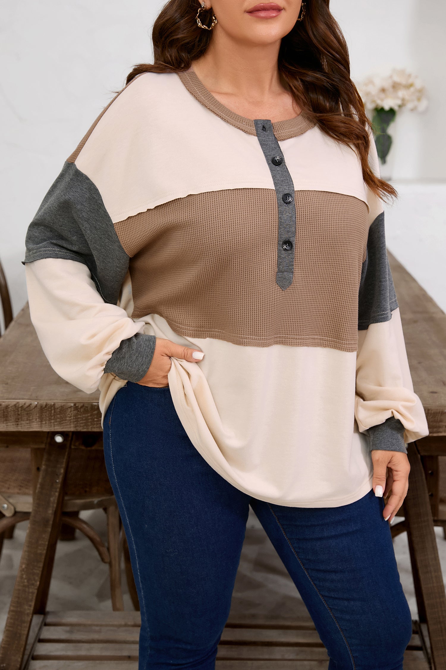 Jet Stream Waffle Patchwork Colorblock Half Buttons Casual Plus Size Knit Jumper-Plus Size/Plus Size Tops/Plus Size Long Sleeve Tops-[Adult]-[Female]-2022 Online Blue Zone Planet