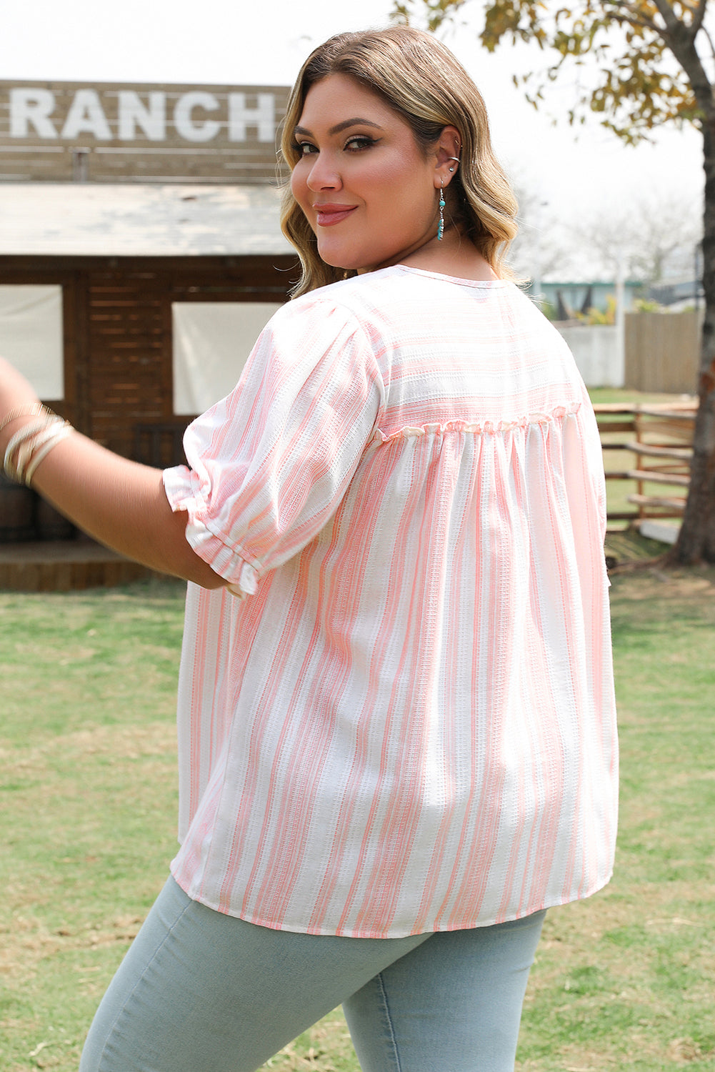 Pink Stripe Plus Size Tassel Tie Frilled Detail Short Sleeve Blouse-Plus Size/Plus Size Tops/Plus Size Blouses & Shirts-[Adult]-[Female]-2022 Online Blue Zone Planet