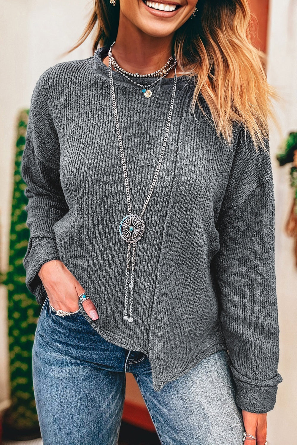 Medium Grey Raw Edge Uneven Hem Patchwork Drop Shoulder Sweater-TOPS / DRESSES-[Adult]-[Female]-2022 Online Blue Zone Planet