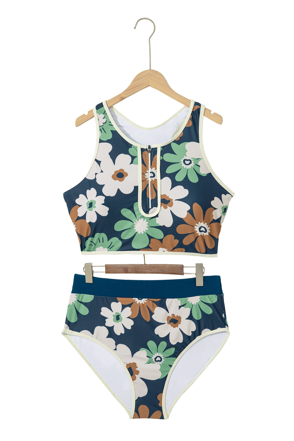Green Floral Printed Zipped Plus Size Two Pieces Bikini-Plus Size/Plus Size Swimwear-[Adult]-[Female]-2022 Online Blue Zone Planet