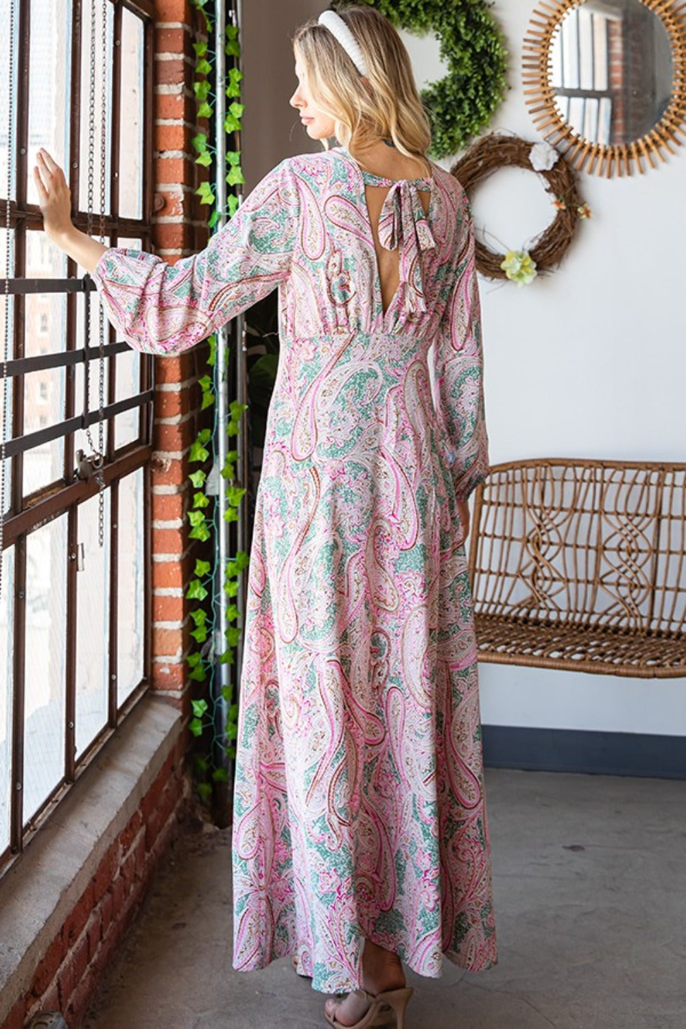 First Love Paisley Print Tie-Back Long Sleeve Maxi Dress-TOPS / DRESSES-[Adult]-[Female]-2022 Online Blue Zone Planet