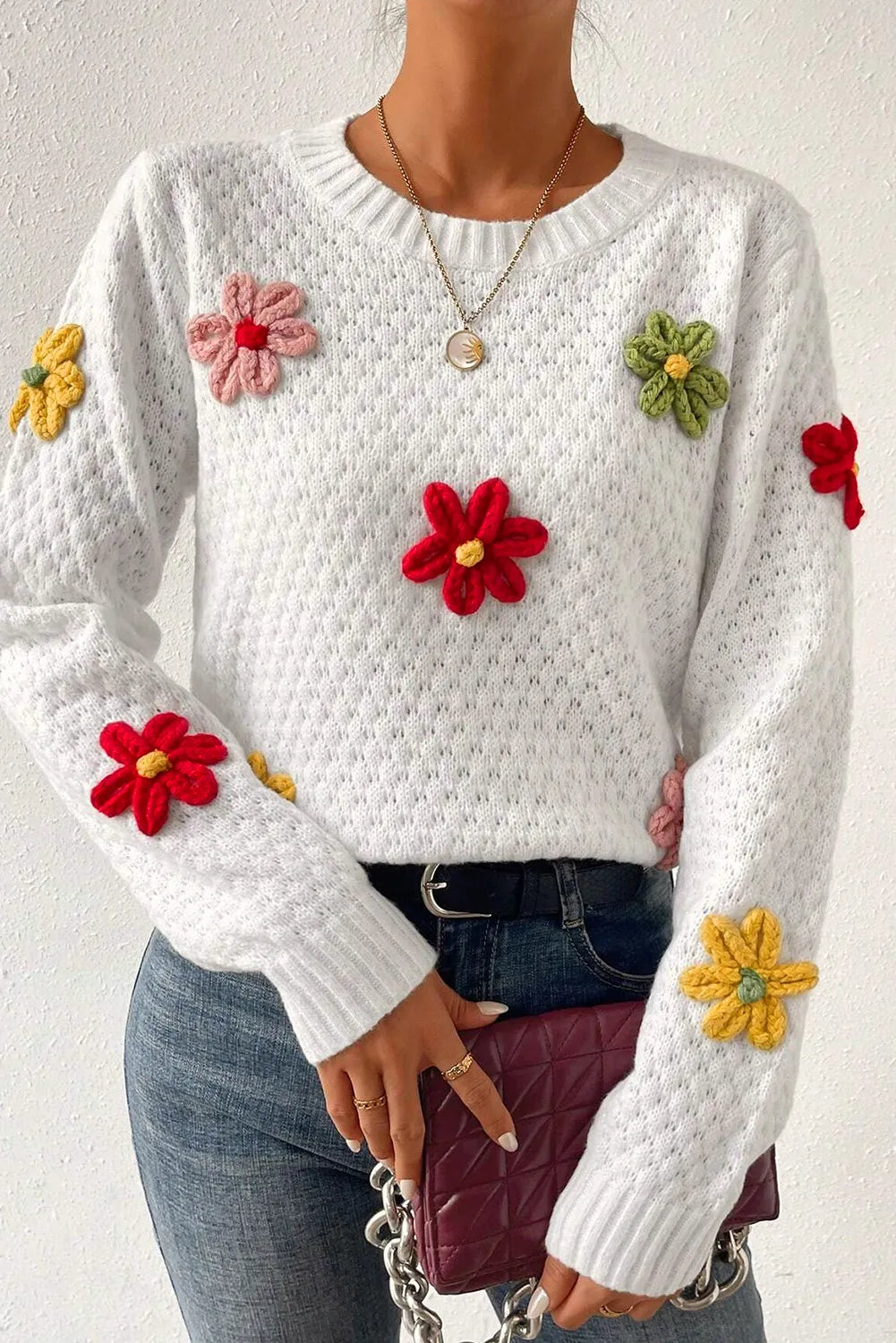 Crochet Flower Round Neck Sweater-TOPS / DRESSES-[Adult]-[Female]-White-S-2022 Online Blue Zone Planet