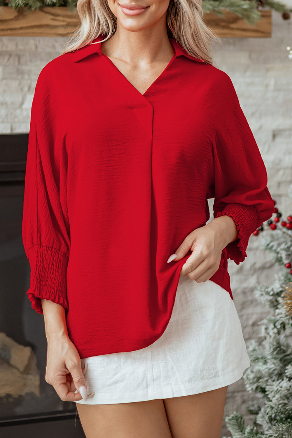 Fiery Red V Neck Collared Shirred 3/4 Sleeve Oversized Tunic Top-Tops/Blouses & Shirts-[Adult]-[Female]-2022 Online Blue Zone Planet