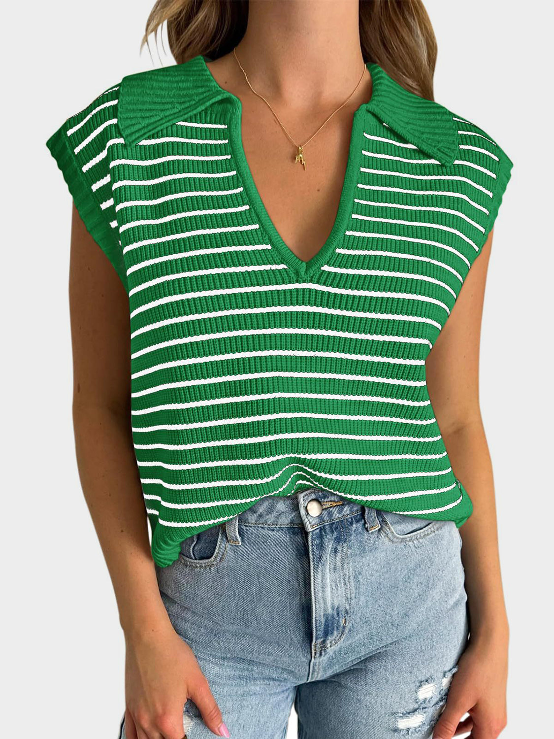 Blue Zone Planet | Mandy Collared Neck Striped Sweater Vest-TOPS / DRESSES-[Adult]-[Female]-Green-S-2022 Online Blue Zone Planet