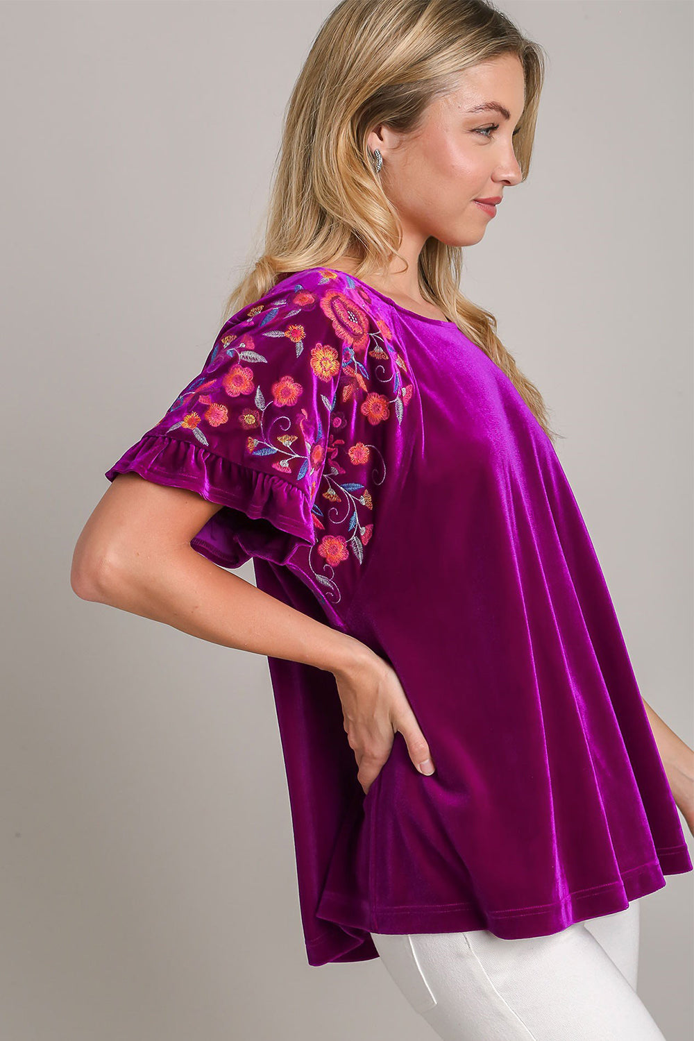 Blue Zone Planet | Umgee Full Size Velvet Embroidery Short Sleeve Blouse-TOPS / DRESSES-[Adult]-[Female]-2022 Online Blue Zone Planet