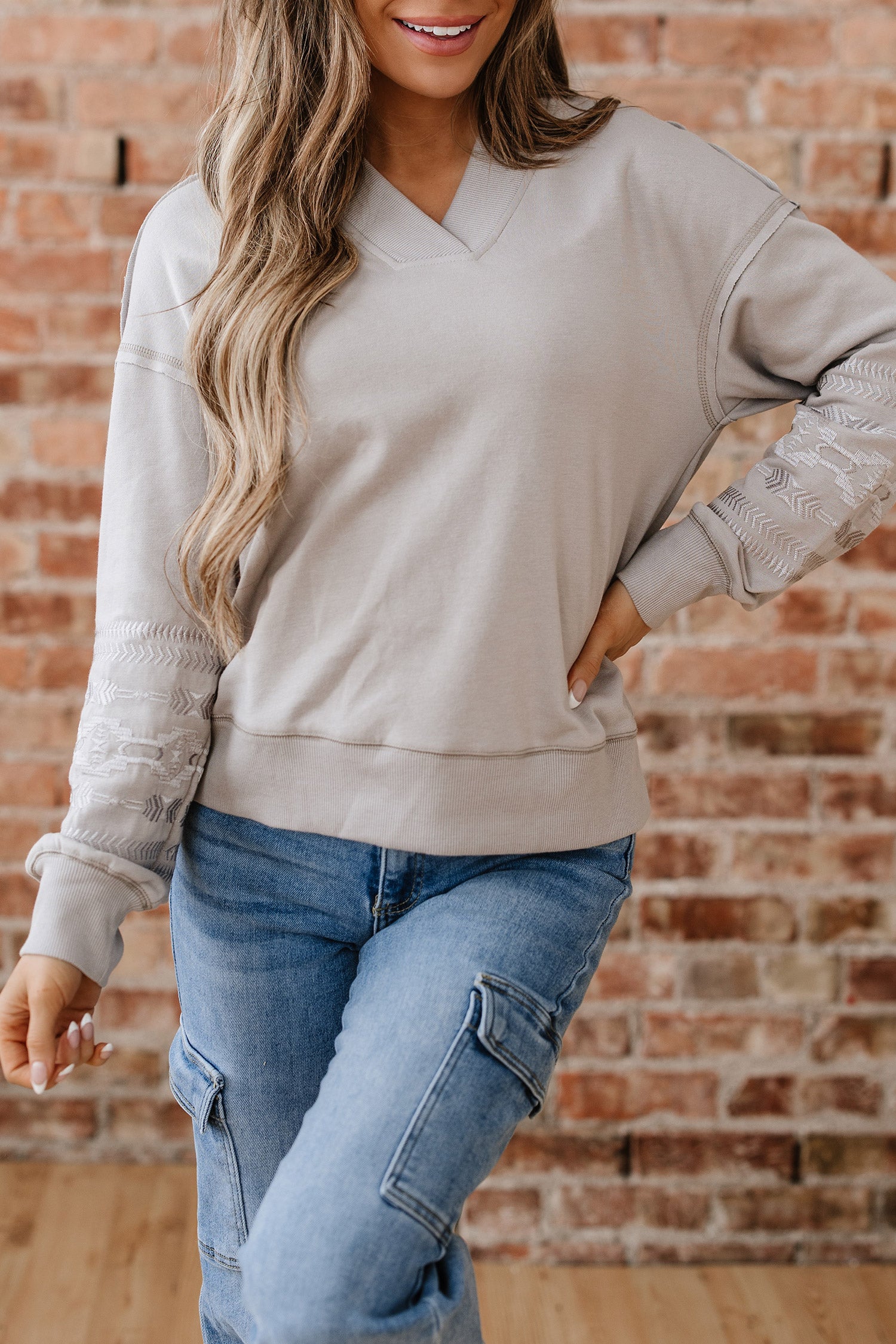 Parchment Aztec Embroidered Western V Neck Sweatshirt-Tops/Sweatshirts & Hoodies-[Adult]-[Female]-2022 Online Blue Zone Planet