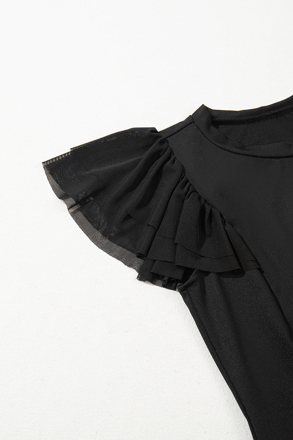 Black Solid Ruffled Mesh Patchwork Sleeve Bodysuit-Tops/Bodysuits-[Adult]-[Female]-2022 Online Blue Zone Planet