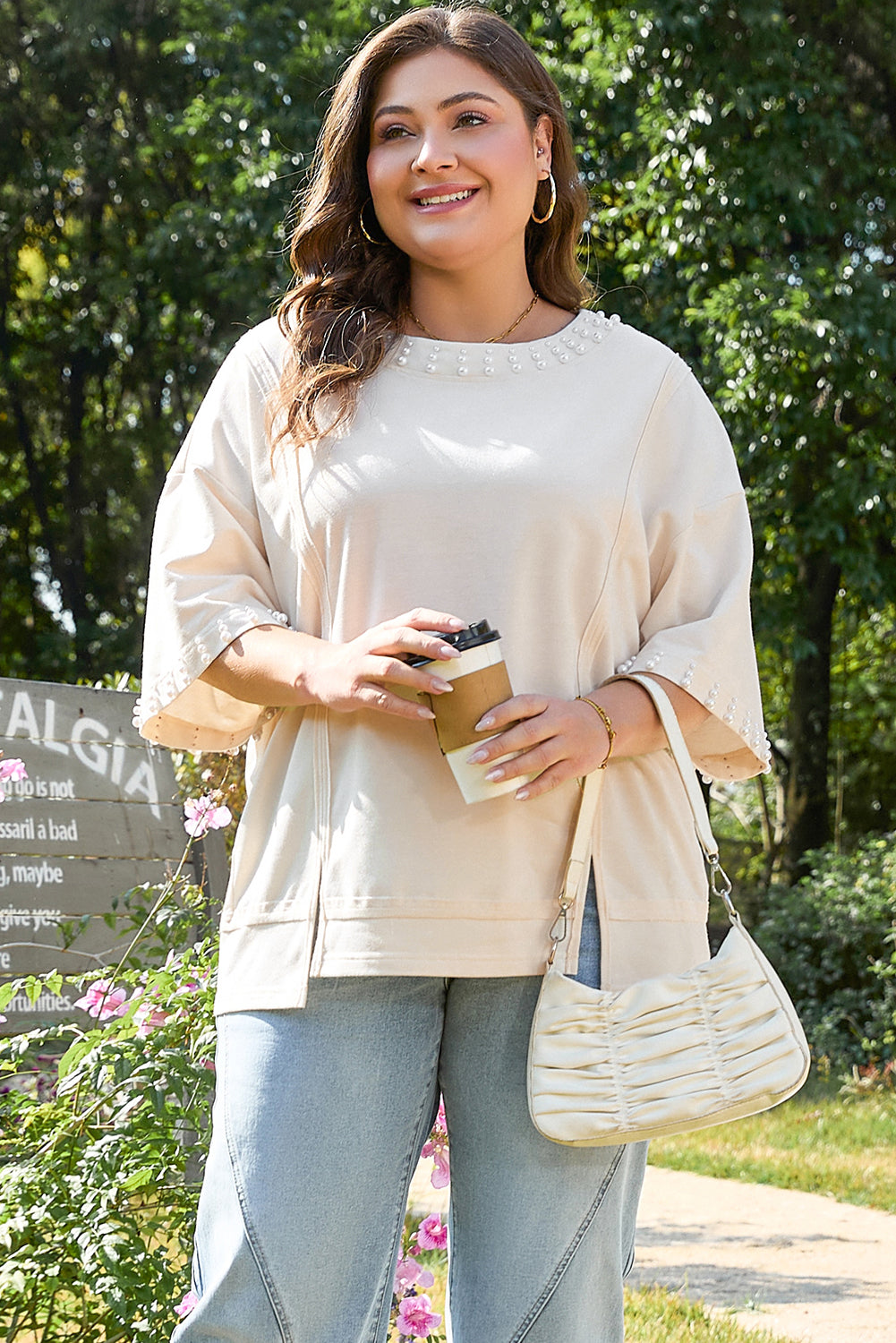 Blue Zone Planet | Beige Pearl Decor Crew Neck Half Sleeve Plus Size T Shirt-Plus Size/Plus Size Tops/Plus Size Tops & Tees-[Adult]-[Female]-2022 Online Blue Zone Planet