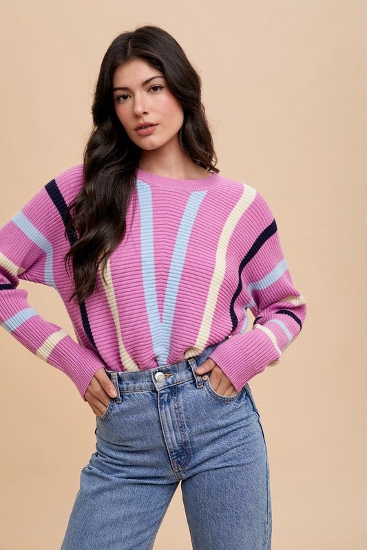 Annie Wear Chevron Stripe Round Neck Ribbed Sweater-TOPS / DRESSES-[Adult]-[Female]-Orchid-S-2022 Online Blue Zone Planet