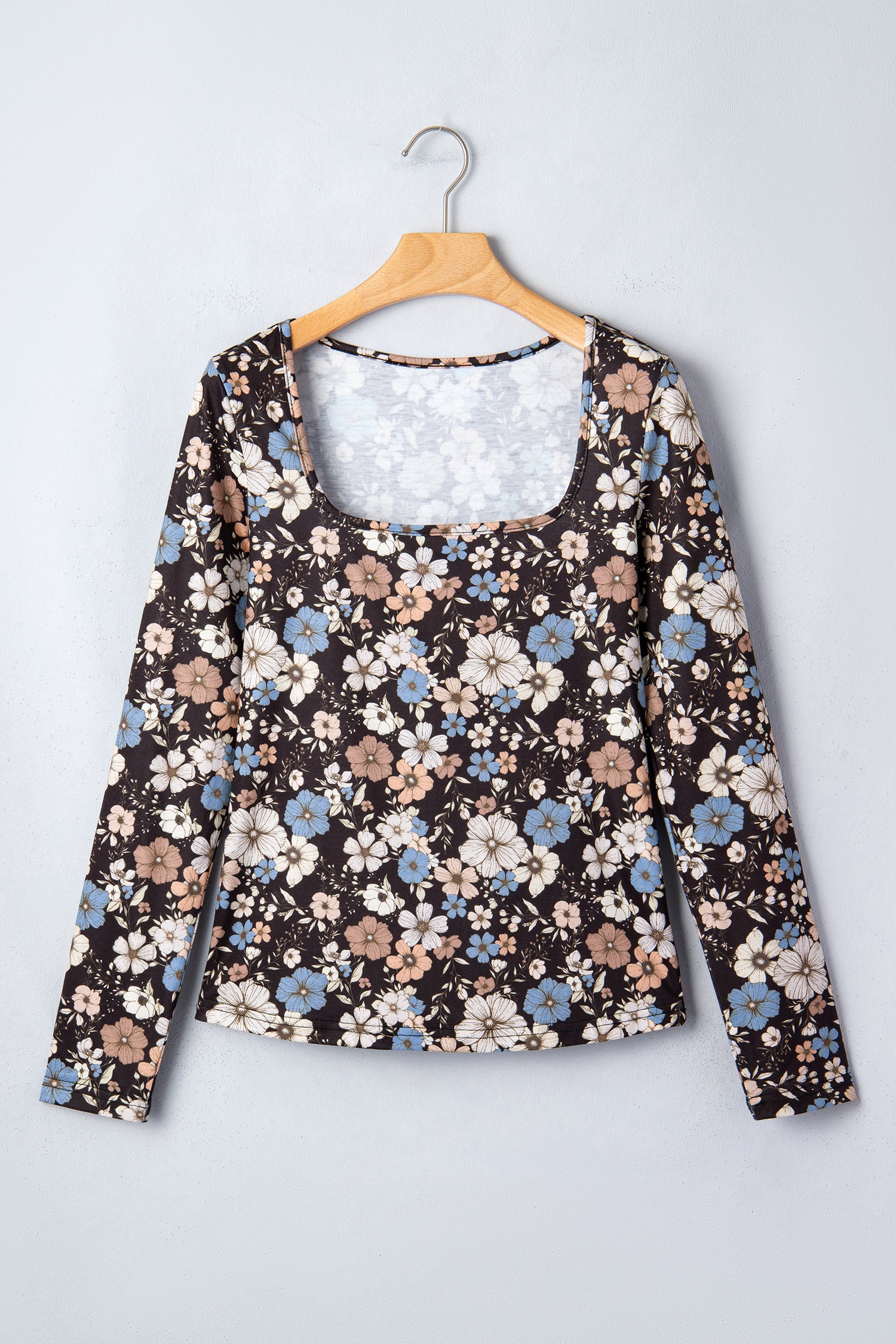Black Floral Print Slim Long Sleeve T Shirt-Tops/Long Sleeve Tops-[Adult]-[Female]-2022 Online Blue Zone Planet