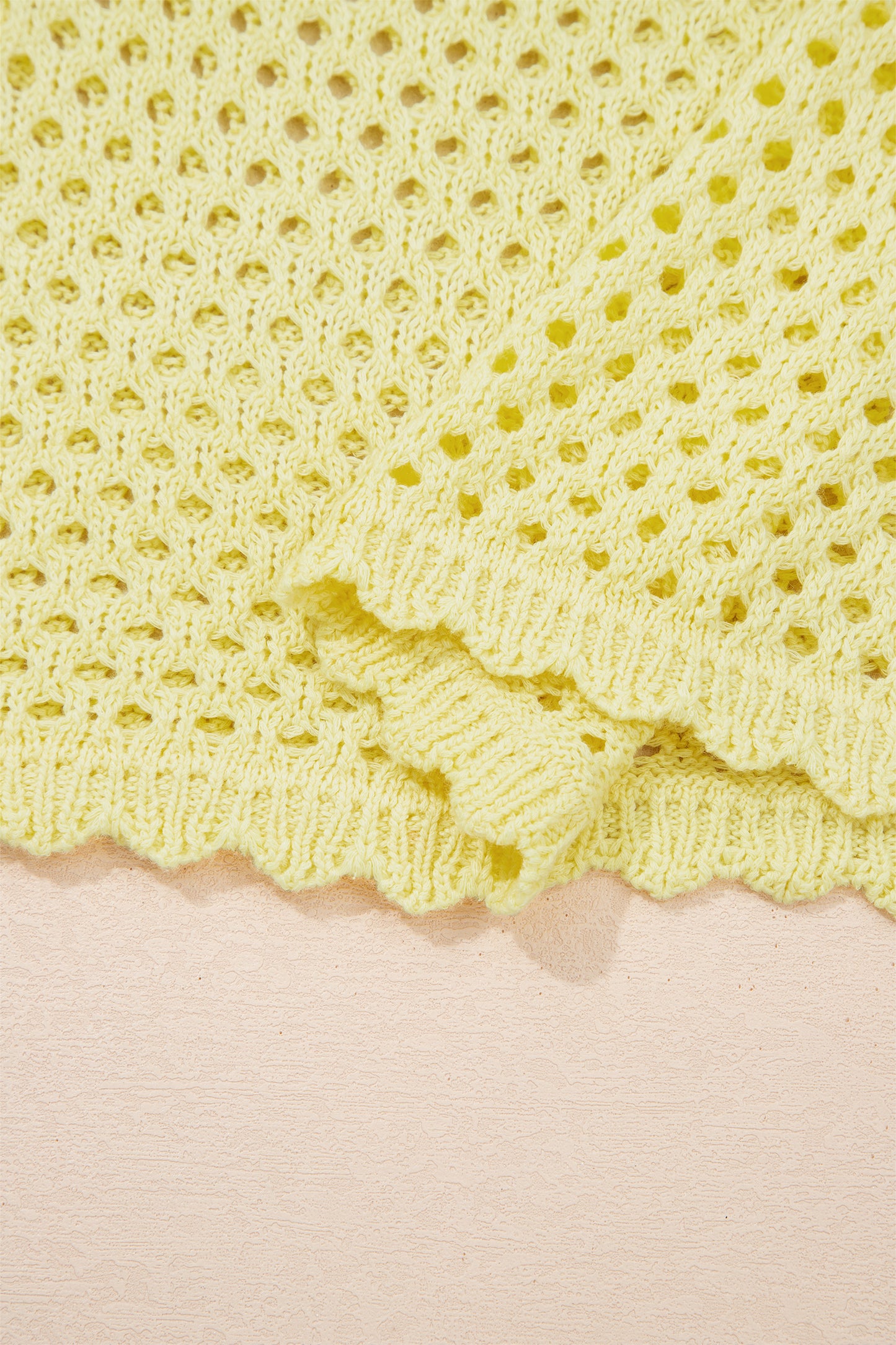 Yellow Cream Scalloped Trim Hollow Out Knit Long Sleeve Top-Sweaters & Cardigans/Sweaters-[Adult]-[Female]-2022 Online Blue Zone Planet